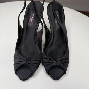 Nina New York Black Satin Rhinestone Bow Slingback Peep-Toe Heels